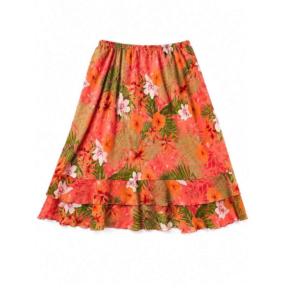 JL Studio Womens Plus Size 28W Tropical Floral Tiered Ruffle Midi Skirt Coral